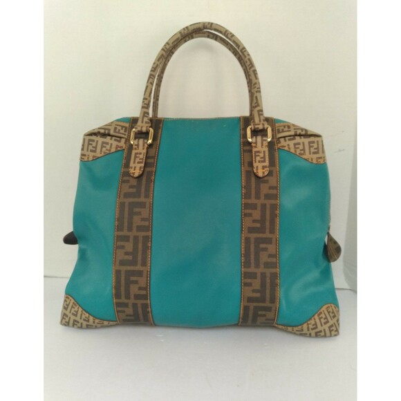 Fendi Monogram Turquoise Leather Tote Bag with FF Pattern Trim Designer Handbag - Picture 4 of 10